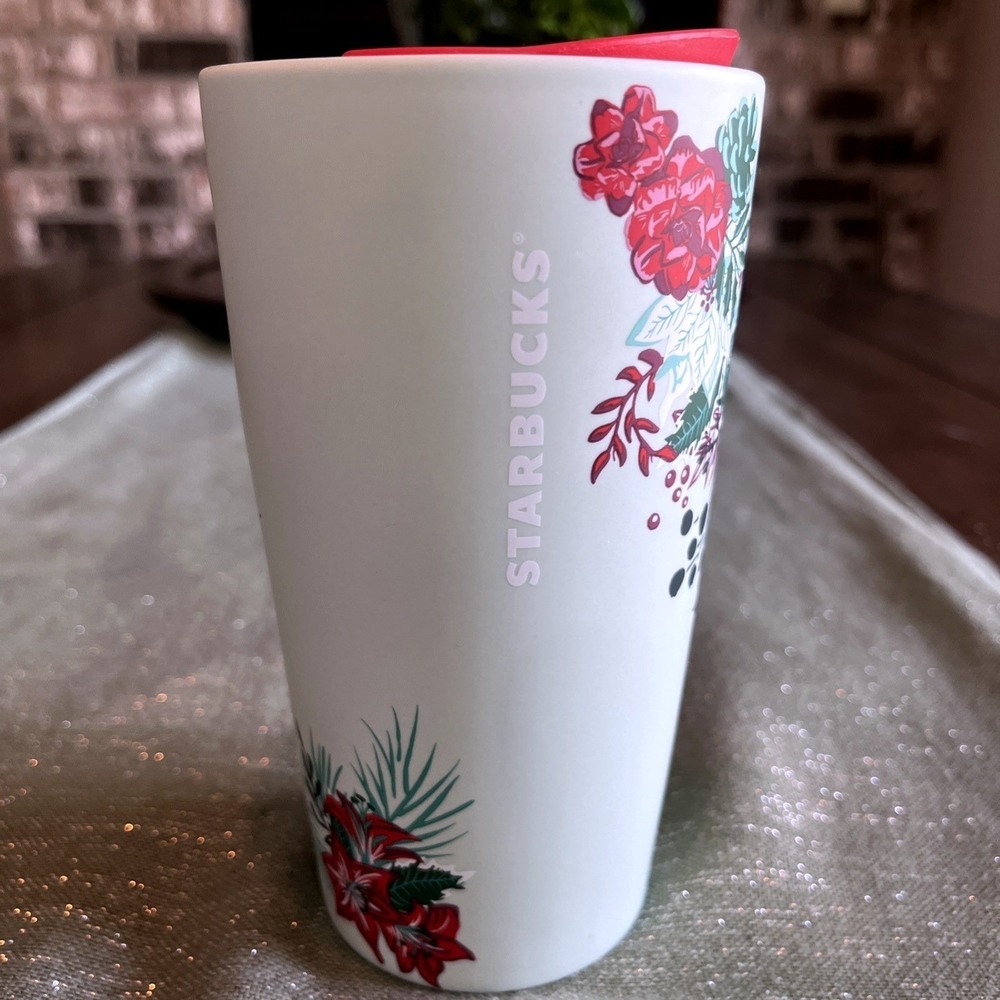 NEW Starbucks 2022 Soft Porcelain Floral Mint Green Poinsettia Tumbler 12oz - Picture 4 of 6